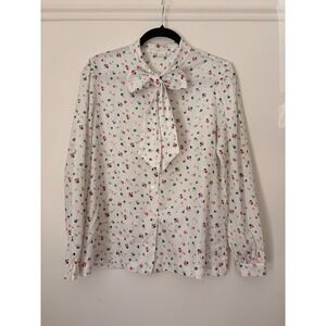 Austin Hill Vintage White Floral Tie Neck Bow Blouse Long Union Made USA Sz 14